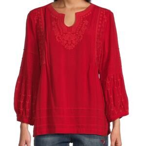 John Mark Embroidered Split Round Neck 3/4 Sleeve Tunic Top Red 2X